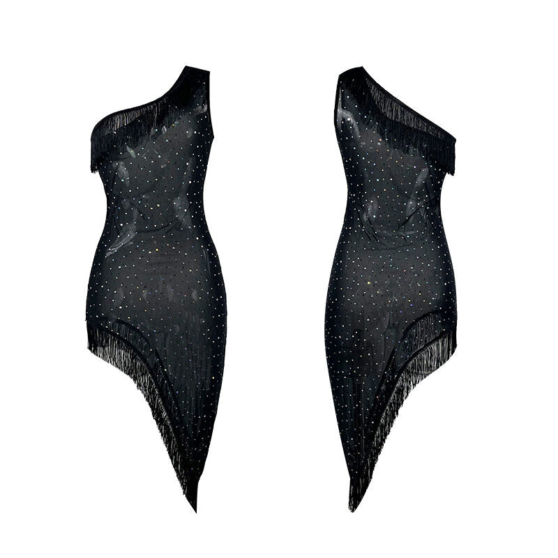 Details Modernes Damen One-Shoulder Kleid in Schwarz mit Strass