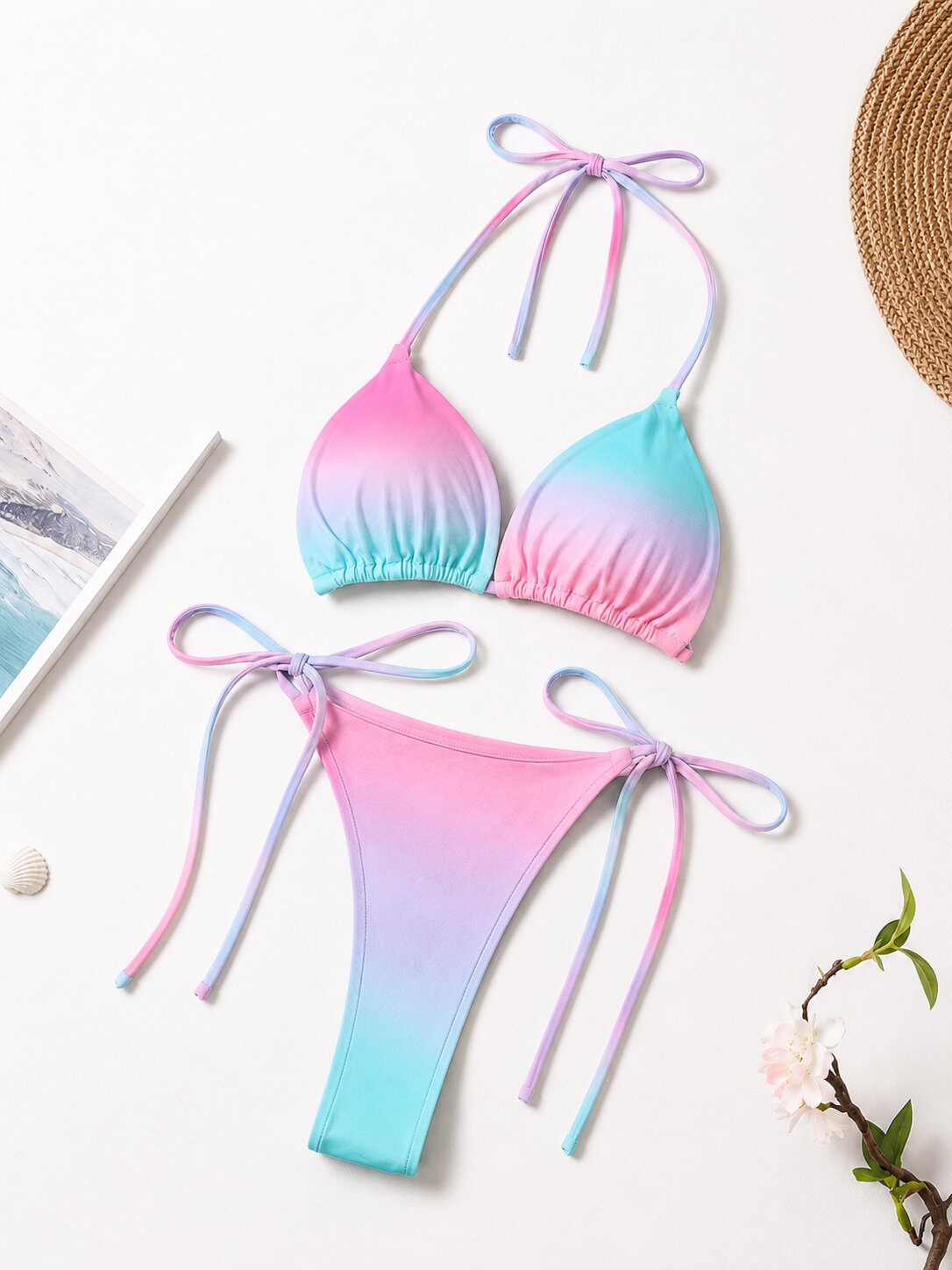 Damen String Tanga Bikini Set Rosa-Türkis Farbverlauf – Verstellbarer Triangel Bikini mit Bindebändern