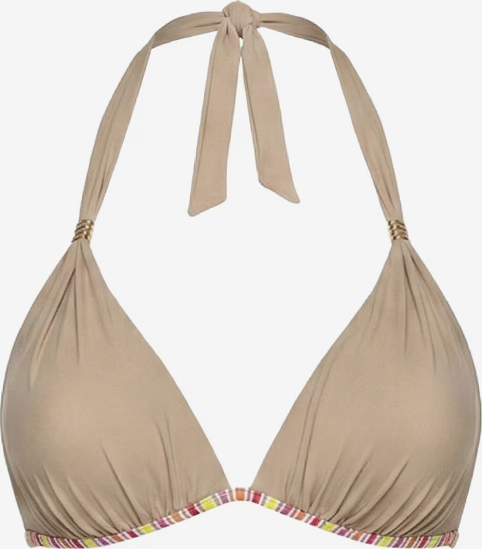 Taupefarbenes Push-up Bikini-Oberteil mit Neckholder-Bindung und mehrfarbig gestreifter Zierkante