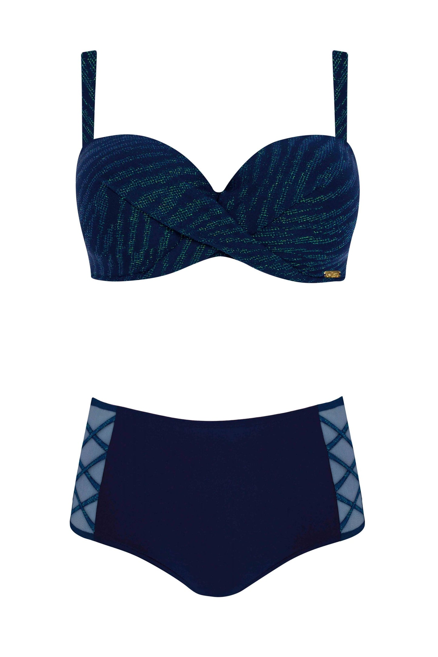 Tiefblauer Bikini Costa Brava 2 als Produktbild mit strukturiertem Bügel-BH und Höschen mit dekorativen Seitendetails