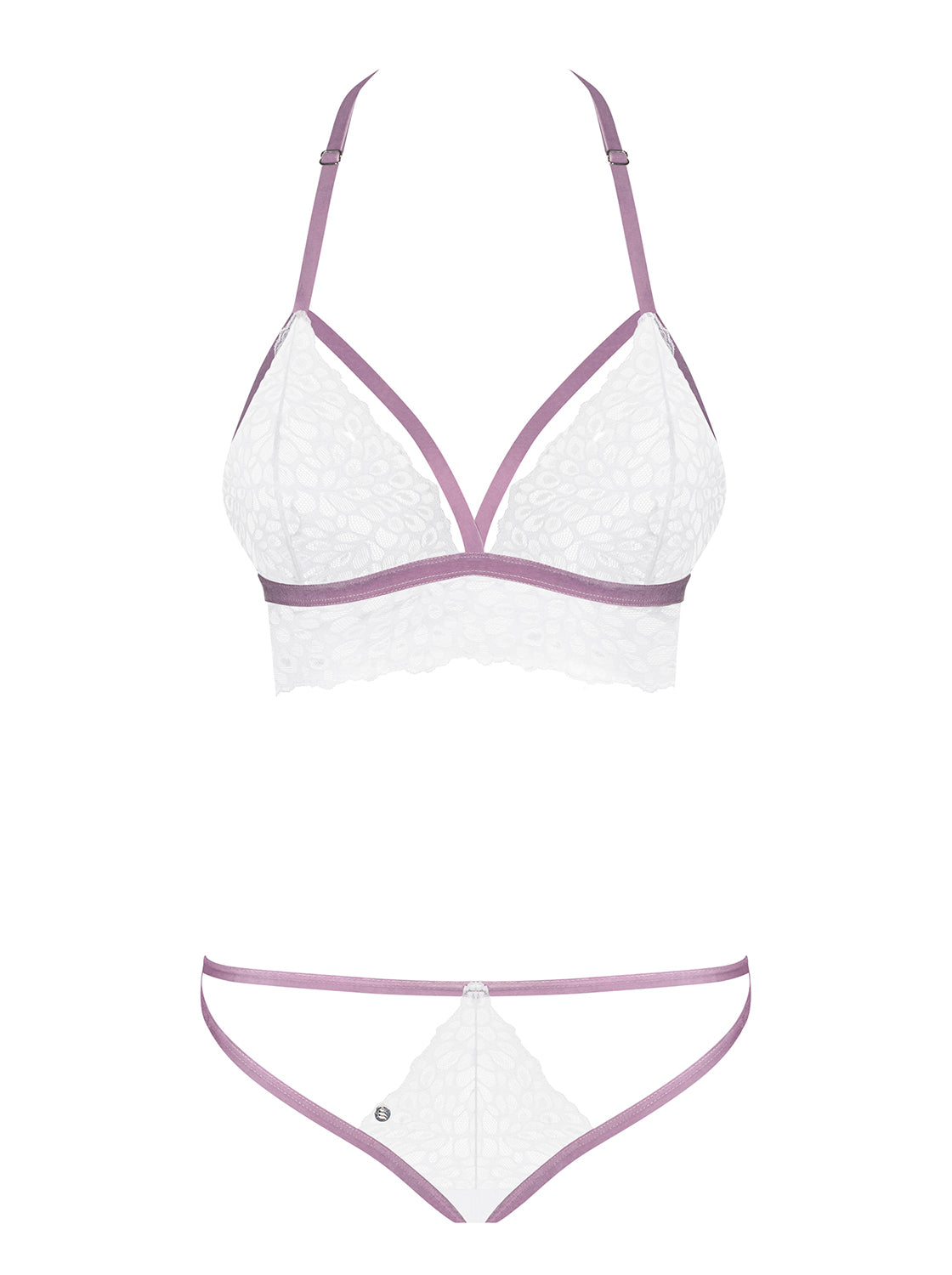 Lilyanne, Feminines Dessous Set aus transparenter und floraler Spitze in weiß mit fliederfarbenen, weichen Samtriemchen