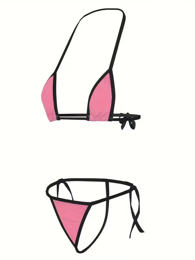 Damen Bikini Set Rosa Schwarz mit Triangel-Top und String-Bikinihose freigestellt