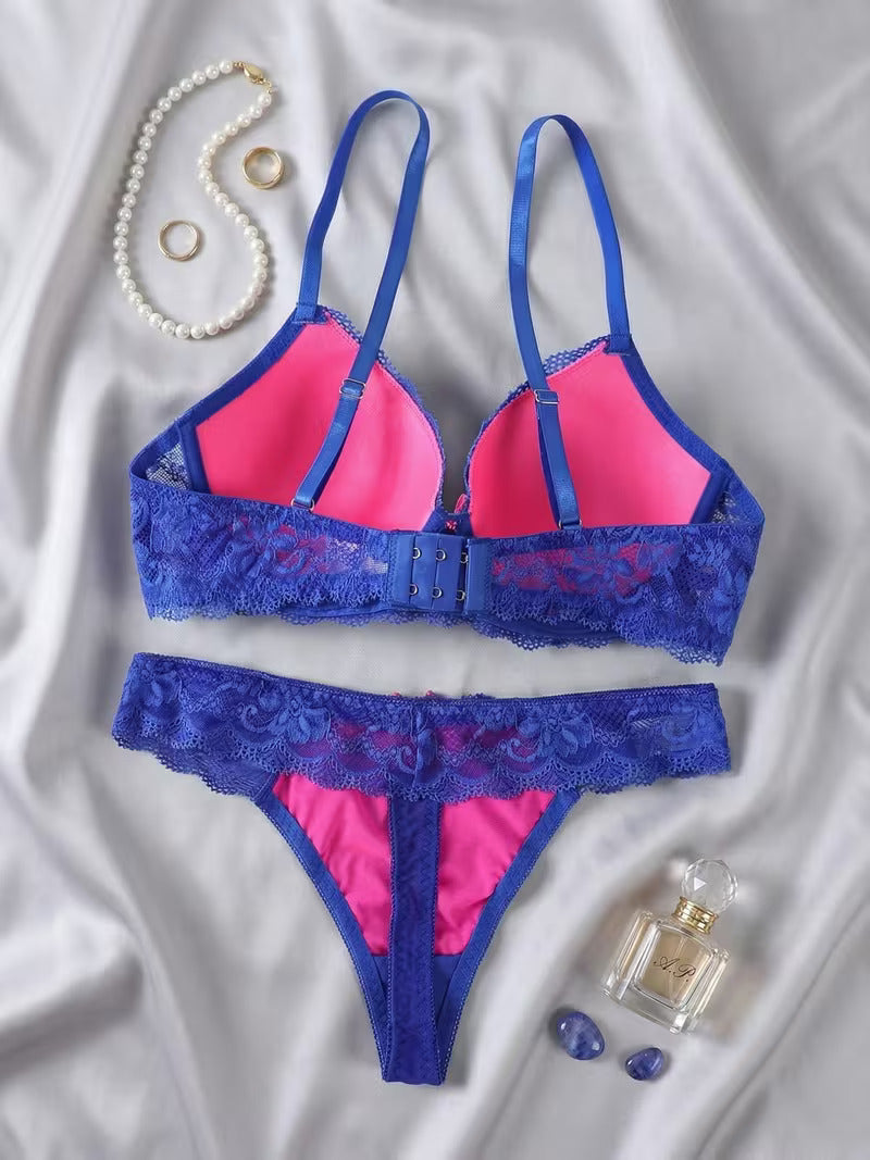 Push Up BH Set aus Spitze – Gepolstert mit String Blau/Pink Cup: B & C