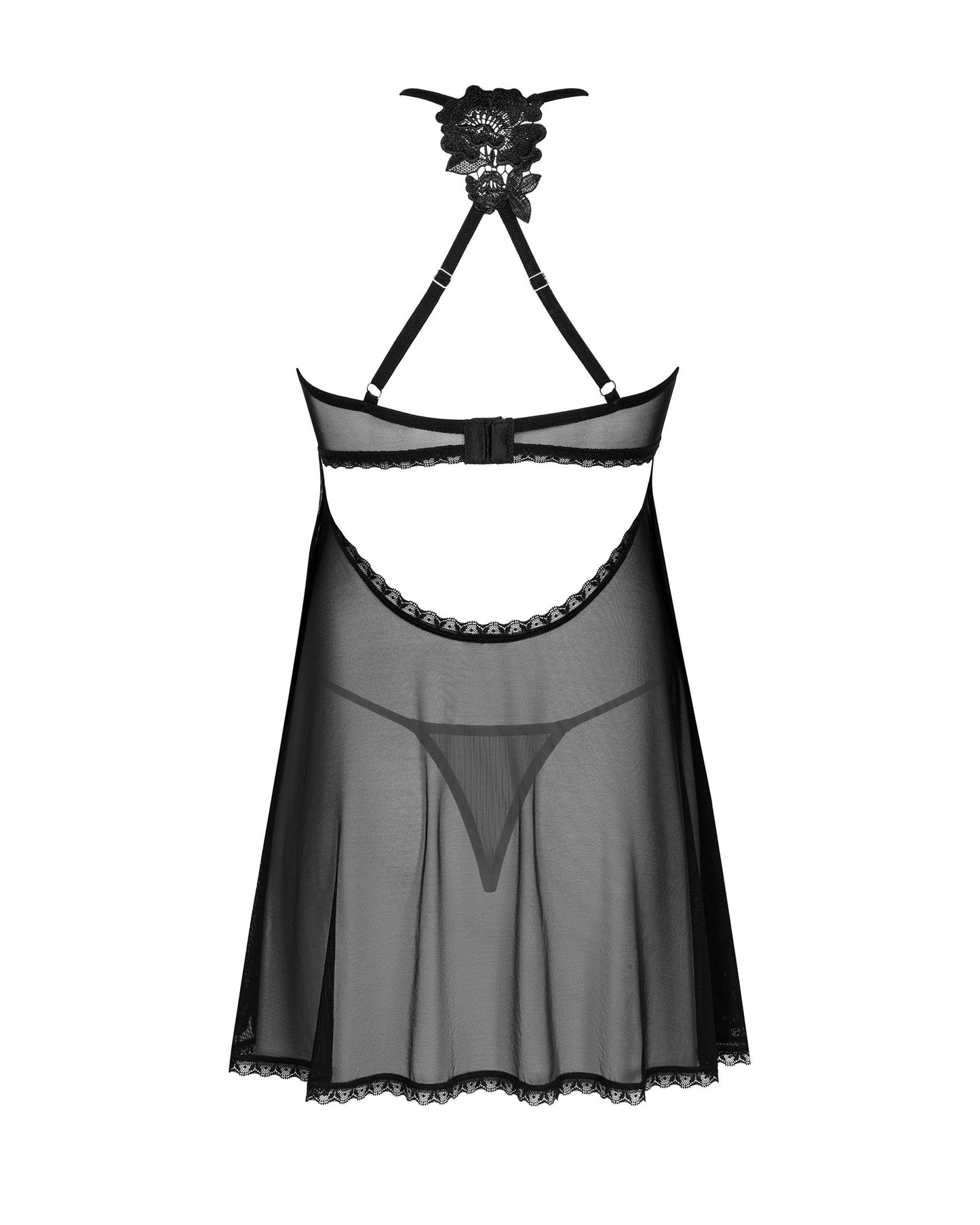 Freisteller Rückseite – schwarzes transparentes Babydoll mit Rücken-Spitze im Pflanzenmuster und String sichtbar