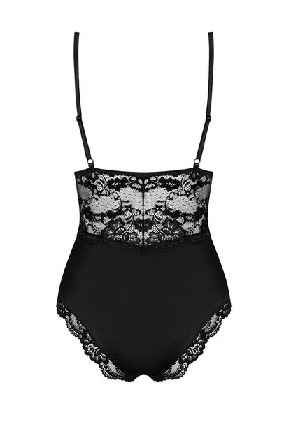 Schwarzer Dessous Body Damen Rückansicht mit transparentem Spitzenbereich und verstellbaren Trägern
