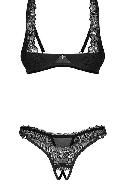 Deina More Dessous Set schwarz – Spitzen Bügel-BH und Ouvert-String Produktansicht