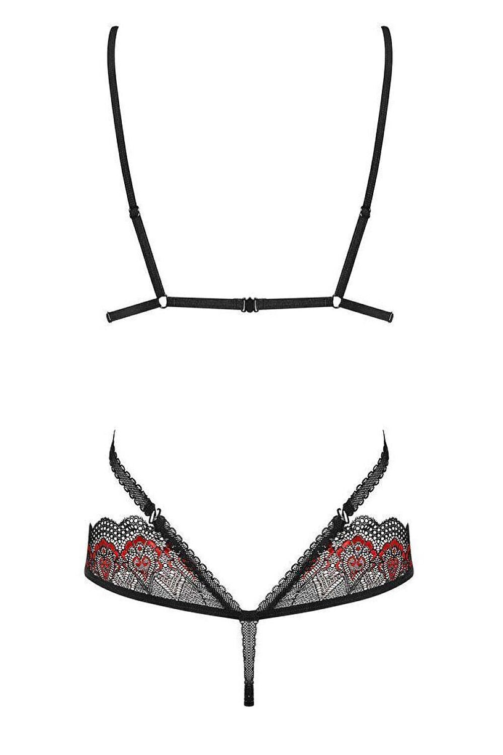 Damen Spitzenbody schwarz rot mit verstellbaren Trägern und String Rückansicht