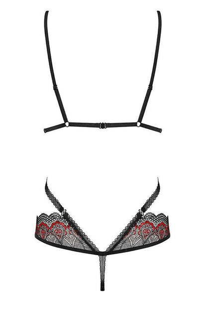 Damen Spitzenbody schwarz rot mit verstellbaren Trägern und String Rückansicht