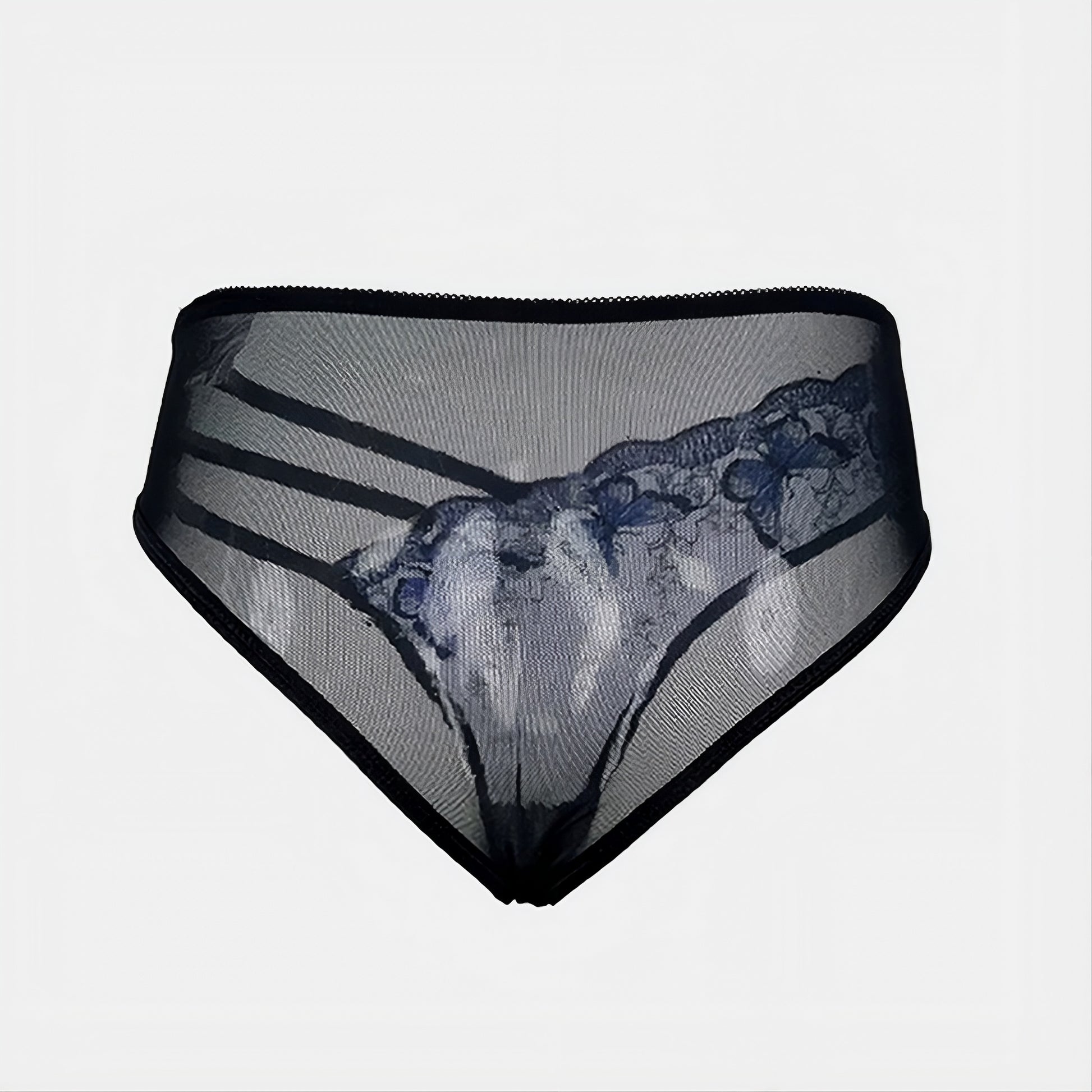Freisteller des blauen Damen-Slips in Rückansicht mit schwarzem transparentem Mesh