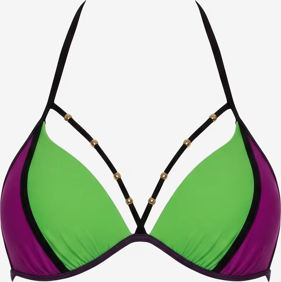 Grün-violettes Triangel-Bikinioberteil mit schwarzen Trägern und goldfarbenen Perlen