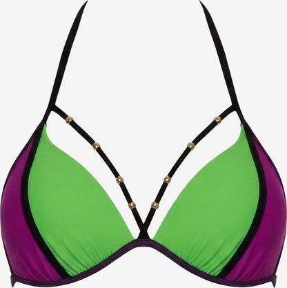 Grün-violettes Triangel-Bikinioberteil mit schwarzen Trägern und goldfarbenen Perlen