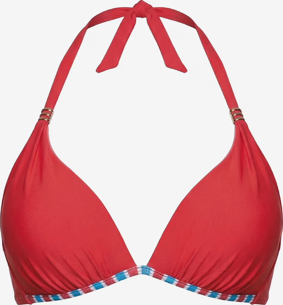 Rotes Push-up Neckholder Bikini Oberteil mit gestreifter Paspel und Zierelementen