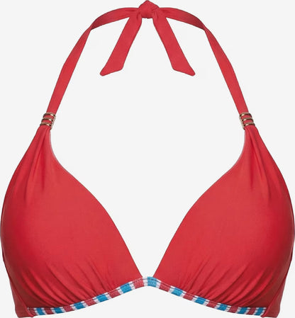 Rotes Push-up Neckholder Bikini Oberteil mit gestreifter Paspel und Zierelementen