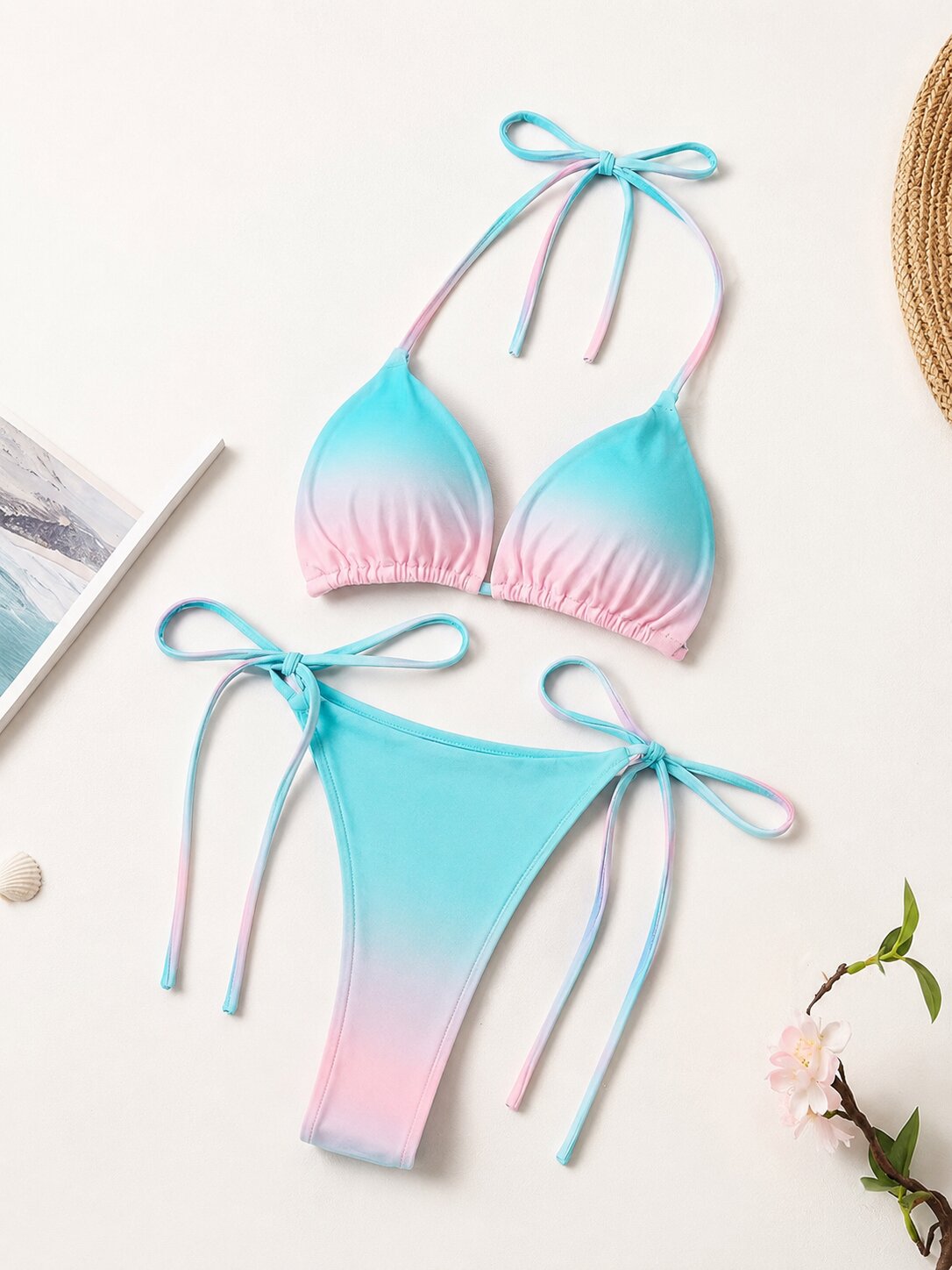 Damen String Tanga Bikini Set Rosa-Türkis Farbverlauf – Verstellbarer Triangel Bikini mit Bindebändern