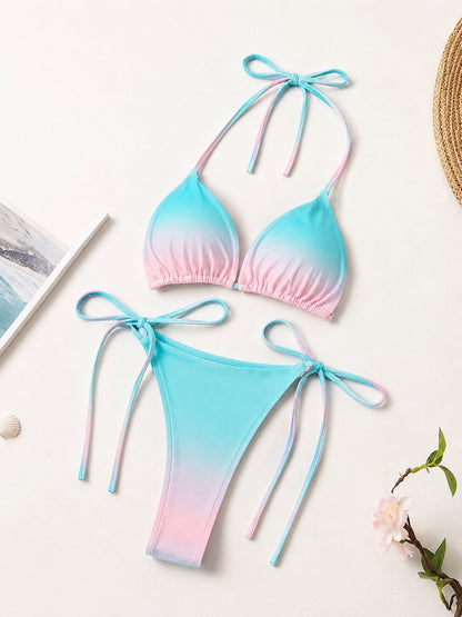 Damen String Tanga Bikini Set Rosa-Türkis Farbverlauf – Verstellbarer Triangel Bikini mit Bindebändern