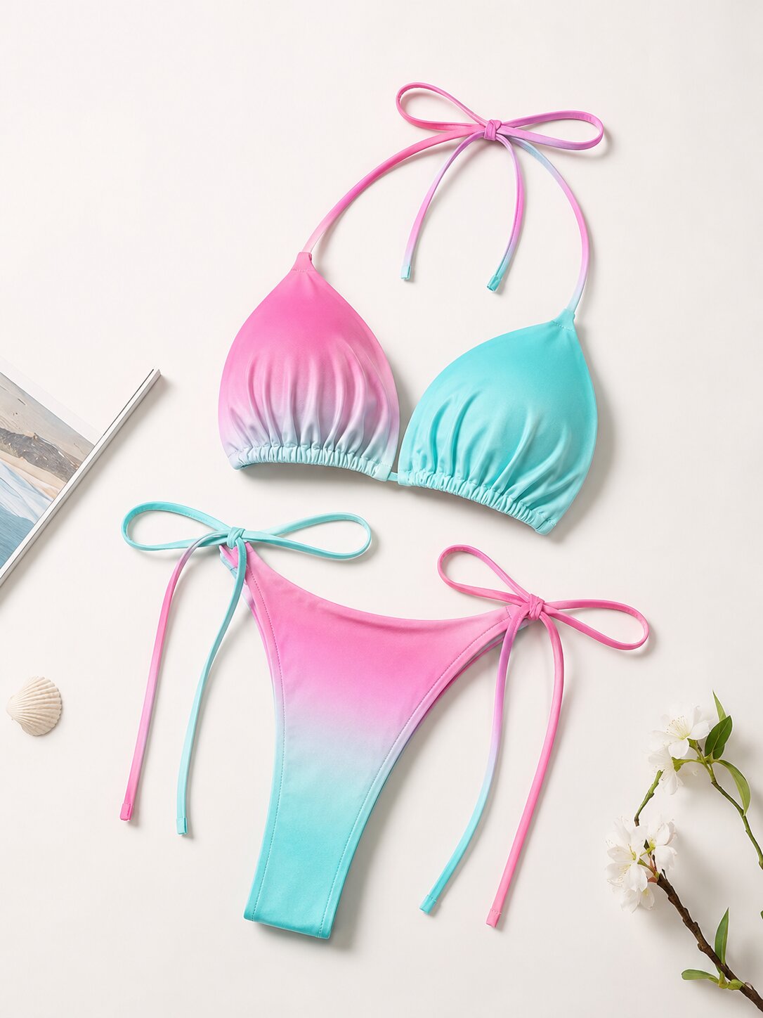 Damen String Tanga Bikini Set Rosa-Türkis Farbverlauf – Verstellbarer Triangel Bikini mit Bindebändern