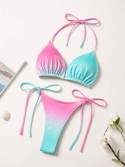Damen String Tanga Bikini Set Rosa-Türkis Farbverlauf – Verstellbarer Triangel Bikini mit Bindebändern