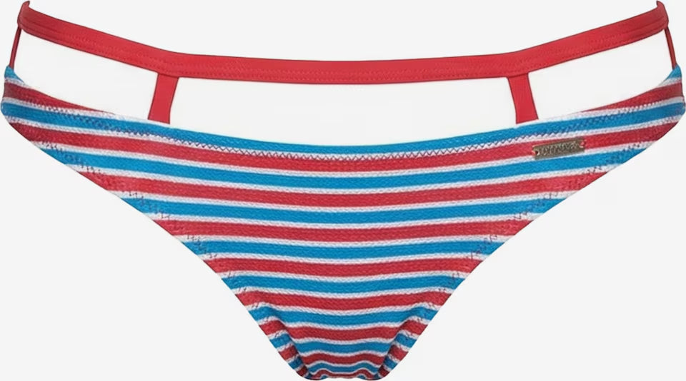 Rot blau weiß gestreifte Bikinihose mit zusätzlichem roten Hüftträger und Cut-out Details