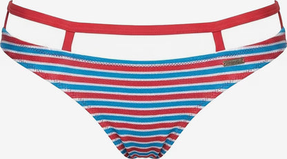 Rot blau weiß gestreifte Bikinihose mit zusätzlichem roten Hüftträger und Cut-out Details