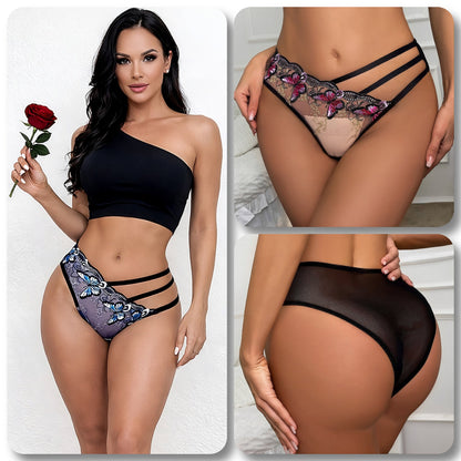 Damen-Slip mit Schmetterlings-Stickerei in Blau und Rosa im Front-, Seiten- und Rückansicht-Collage