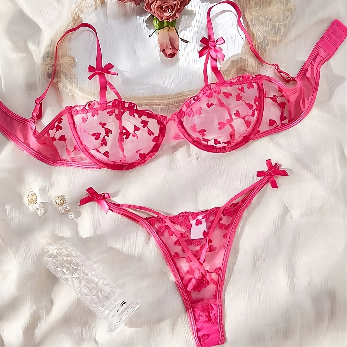 Bügel BH Set Bestickt transparent Soft Cup Damen Dessous String Unterwäsche Pink