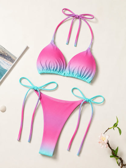Damen String Tanga Bikini Set Rosa-Türkis Farbverlauf – Verstellbarer Triangel Bikini mit Bindebändern
