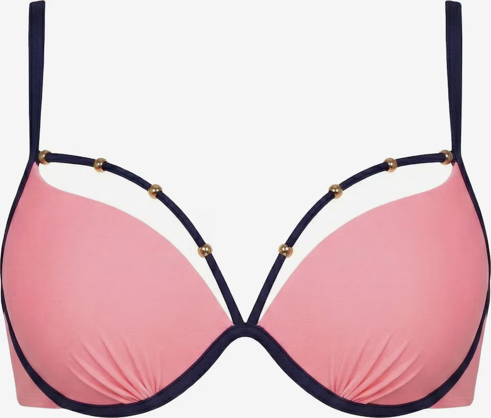 Rosafarbenes Push-up Bikinioberteil mit Bügel, dunkelblauer Einfassung und Schmuckdetails