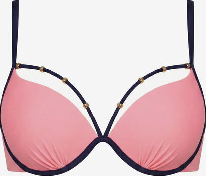 Rosafarbenes Push-up Bikinioberteil mit Bügel, dunkelblauer Einfassung und Schmuckdetails