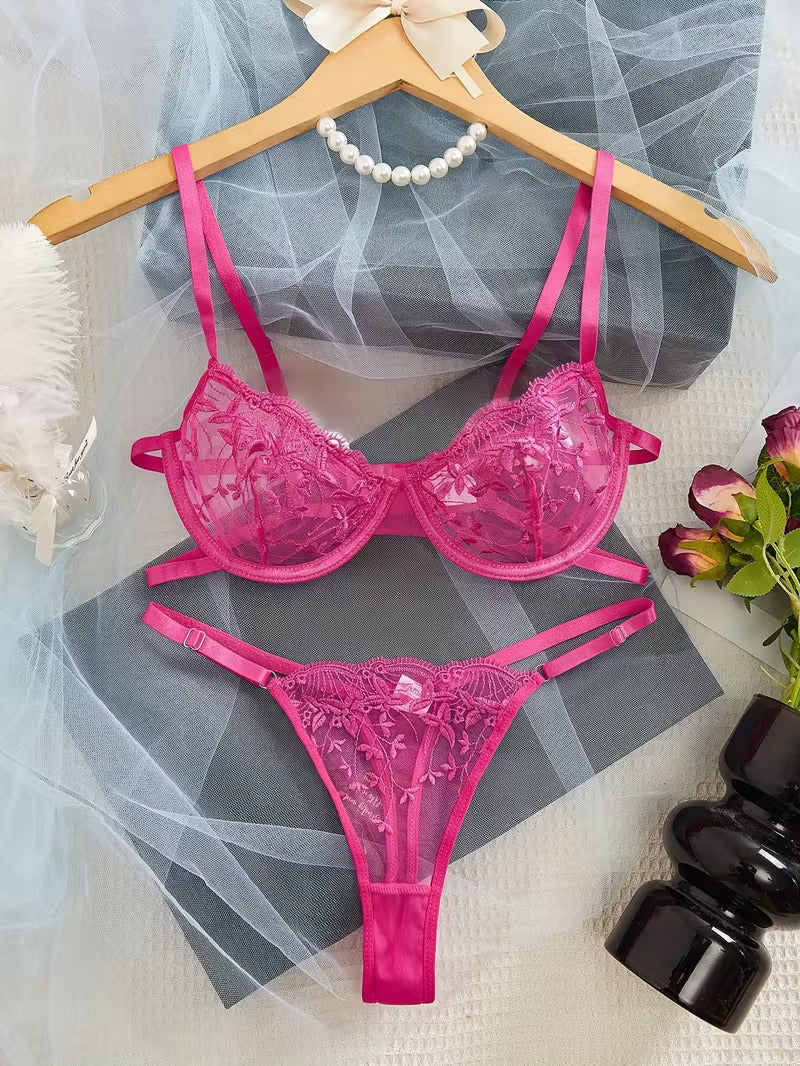 Feines Pinkes Semi Transparentes Spitzen BH Set mit floraler Stickerei