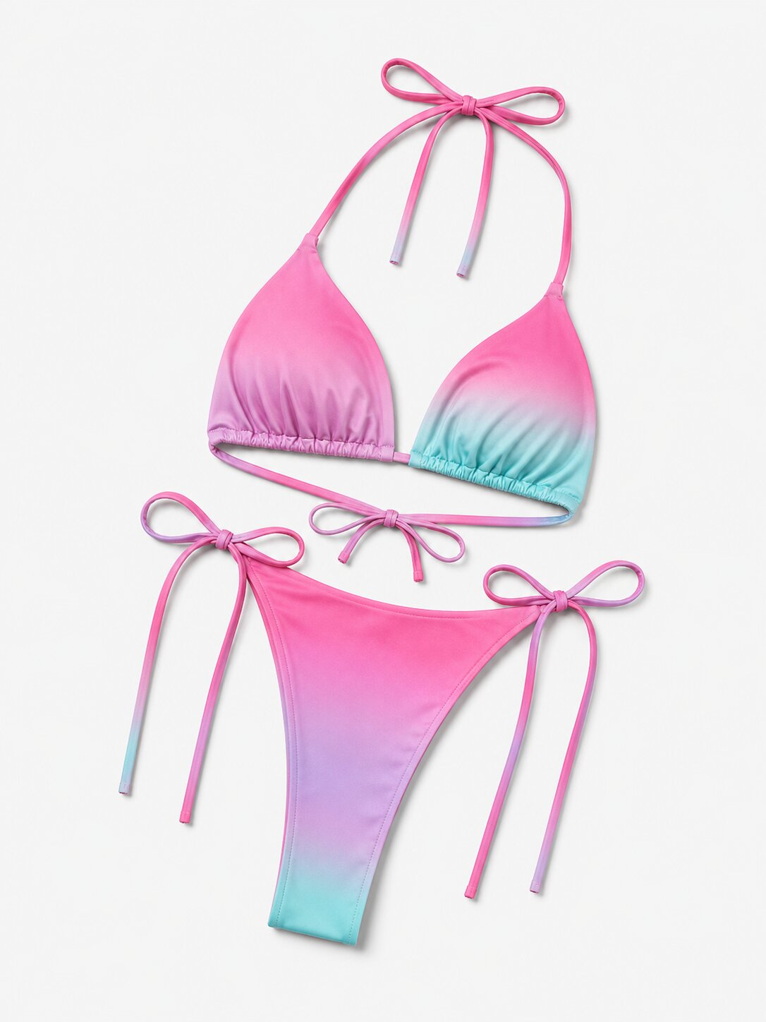 Damen String Tanga Bikini Set Rosa-Türkis Farbverlauf – Verstellbarer Triangel Bikini mit Bindebändern