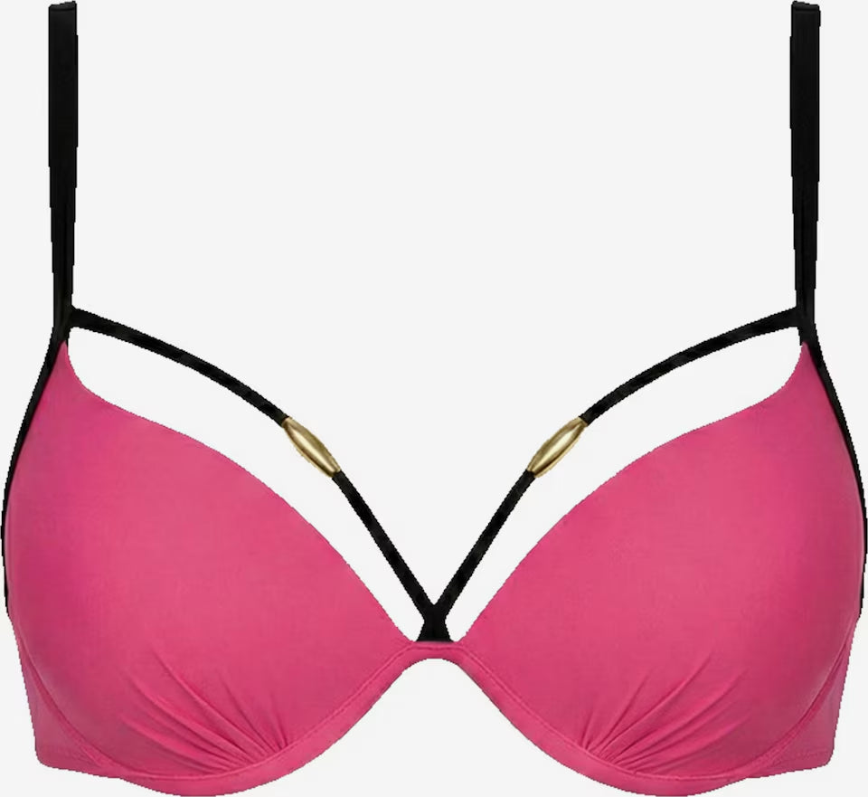 Pinkes Bikini-Oberteil mit schwarzen Trägerdetails und goldfarbenen Zierelementen