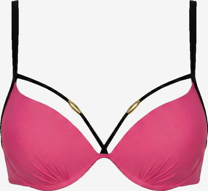Pinkes Bikini-Oberteil mit schwarzen Trägerdetails und goldfarbenen Zierelementen