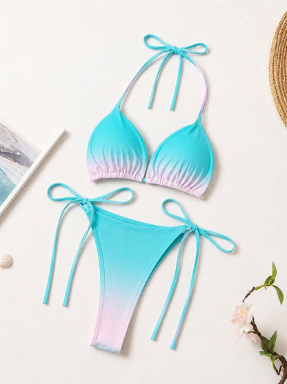 Damen String Tanga Bikini Set Rosa-Türkis Farbverlauf – Verstellbarer Triangel Bikini mit Bindebändern