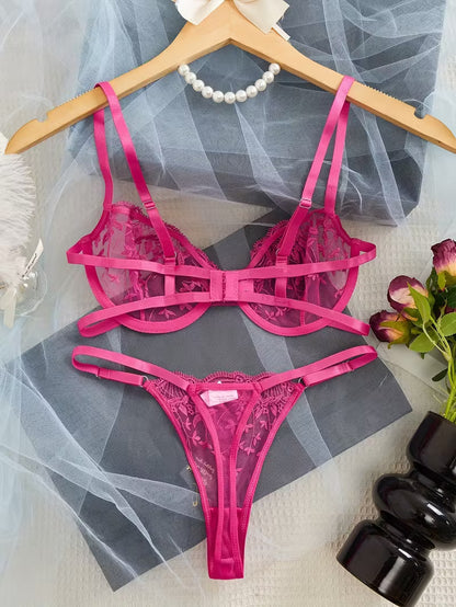 Feines Pinkes Semi Transparentes Spitzen BH Set mit floraler Stickerei