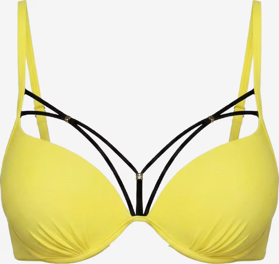 Gelbes gepolstertes Push-up Bikini-Oberteil mit Bügeln und dekorativen schwarzen Zierträgern