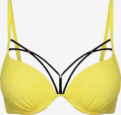 Gelbes gepolstertes Push-up Bikini-Oberteil mit Bügeln und dekorativen schwarzen Zierträgern