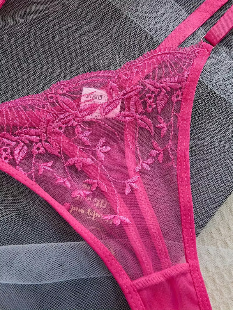 Feines Pinkes Semi Transparentes Spitzen BH Set mit floraler Stickerei