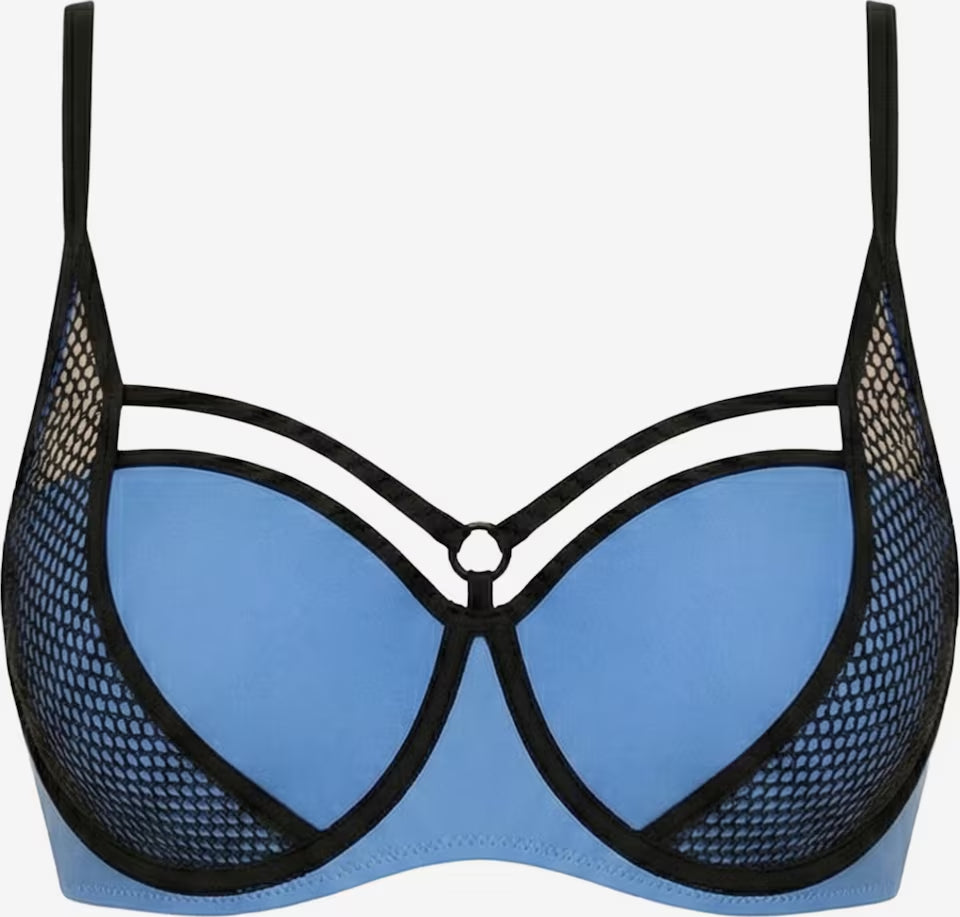 Blaues Push-up Bikini-Oberteil mit geformten Cups, schwarzen Bändern und Mesh-Einsätzen