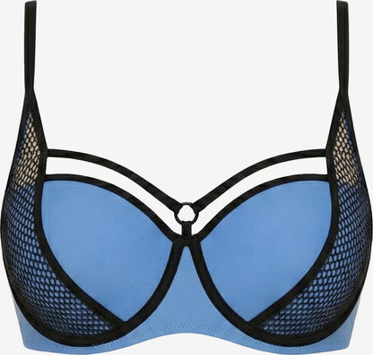 Blaues Push-up Bikini-Oberteil mit geformten Cups, schwarzen Bändern und Mesh-Einsätzen