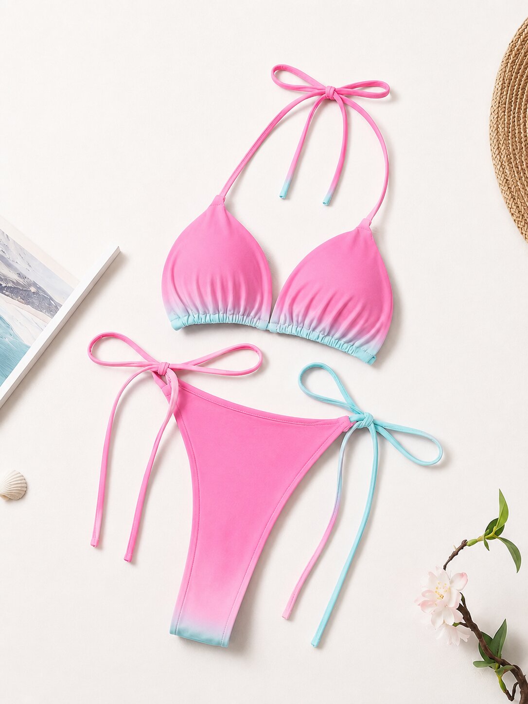 Damen String Tanga Bikini Set Rosa-Türkis Farbverlauf – Verstellbarer Triangel Bikini mit Bindebändern