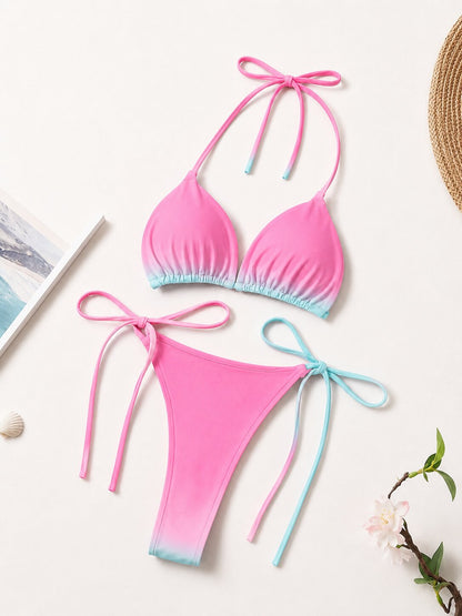 Damen String Tanga Bikini Set Rosa-Türkis Farbverlauf – Verstellbarer Triangel Bikini mit Bindebändern