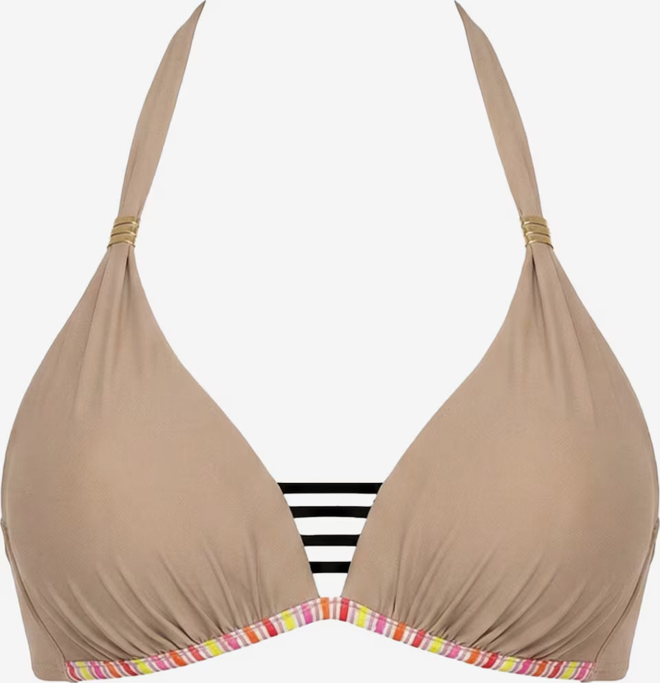 Beiges Push-up Neckholder Bikinioberteil mit schwarzen Dekolleté-Riemen und gestreiftem Abschluss
jetzt