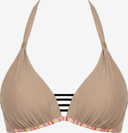 Beiges Push-up Neckholder Bikinioberteil mit schwarzen Dekolleté-Riemen und gestreiftem Abschluss
jetzt