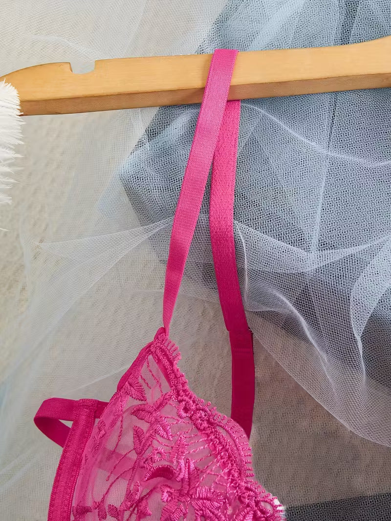 Feines Pinkes Semi Transparentes Spitzen BH Set mit floraler Stickerei
