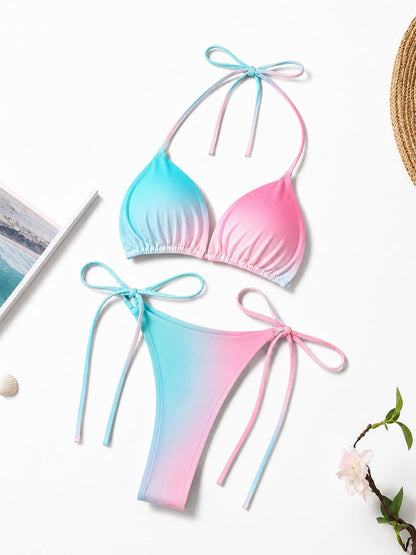 Damen String Tanga Bikini Set Rosa-Türkis Farbverlauf – Verstellbarer Triangel Bikini mit Bindebändern