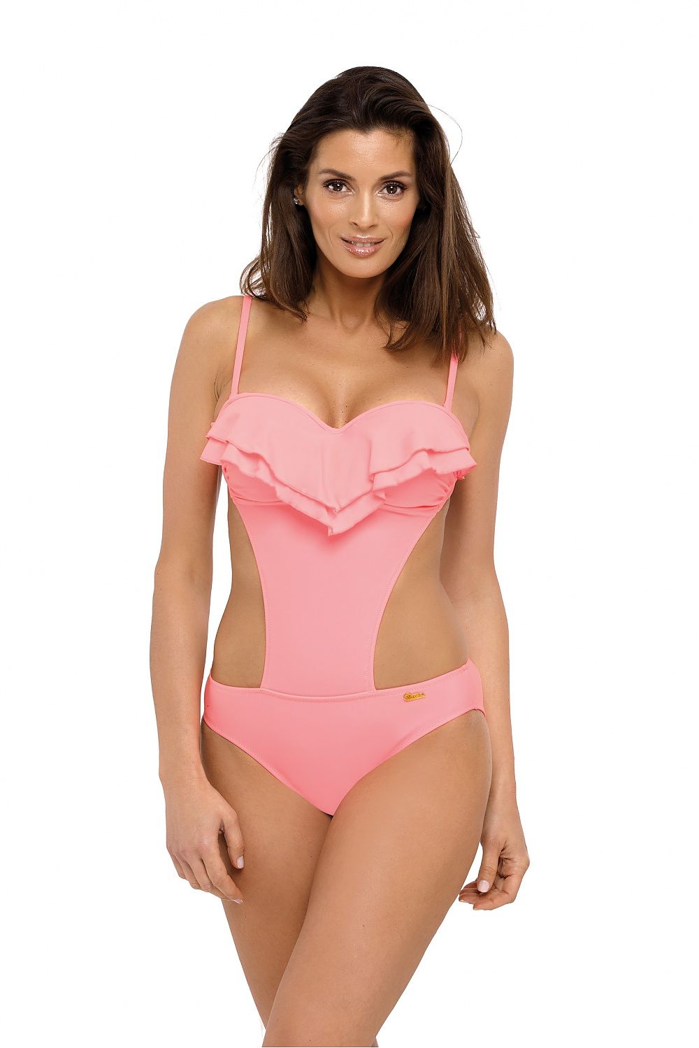Rosafarbener Rüschen-Badeanzug mit geformten Push-up Cups und Cut-outs, Frontansicht