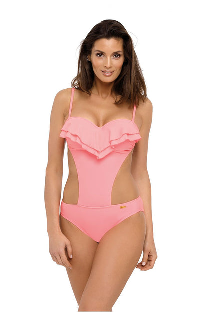 Rosafarbener Rüschen-Badeanzug mit geformten Push-up Cups und Cut-outs, Frontansicht