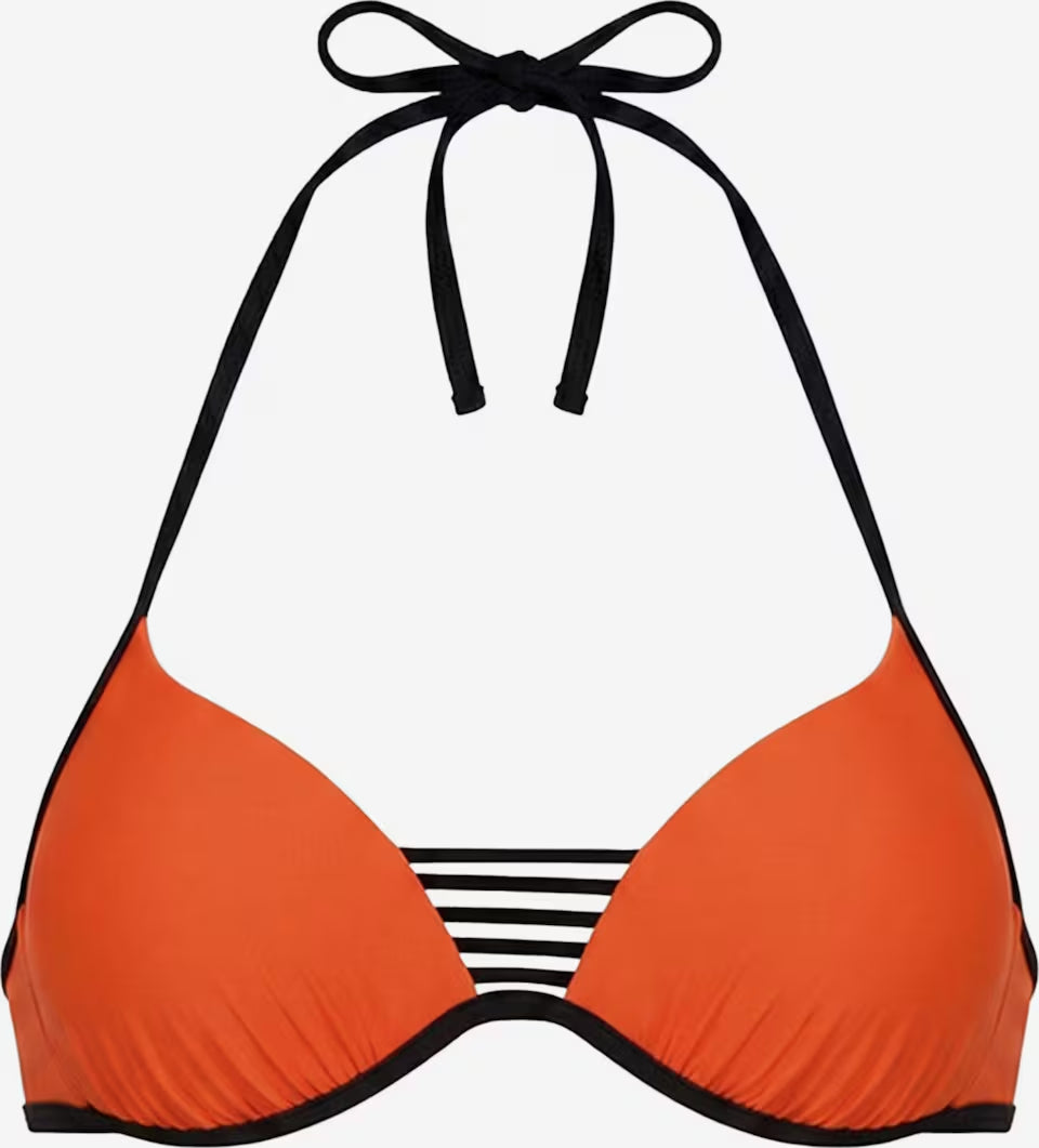 Oranges Push-up Bikinioberteil mit thermogeformten Cups und schwarzen Mehrfachbändern
