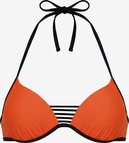 Oranges Push-up Bikinioberteil mit thermogeformten Cups und schwarzen Mehrfachbändern