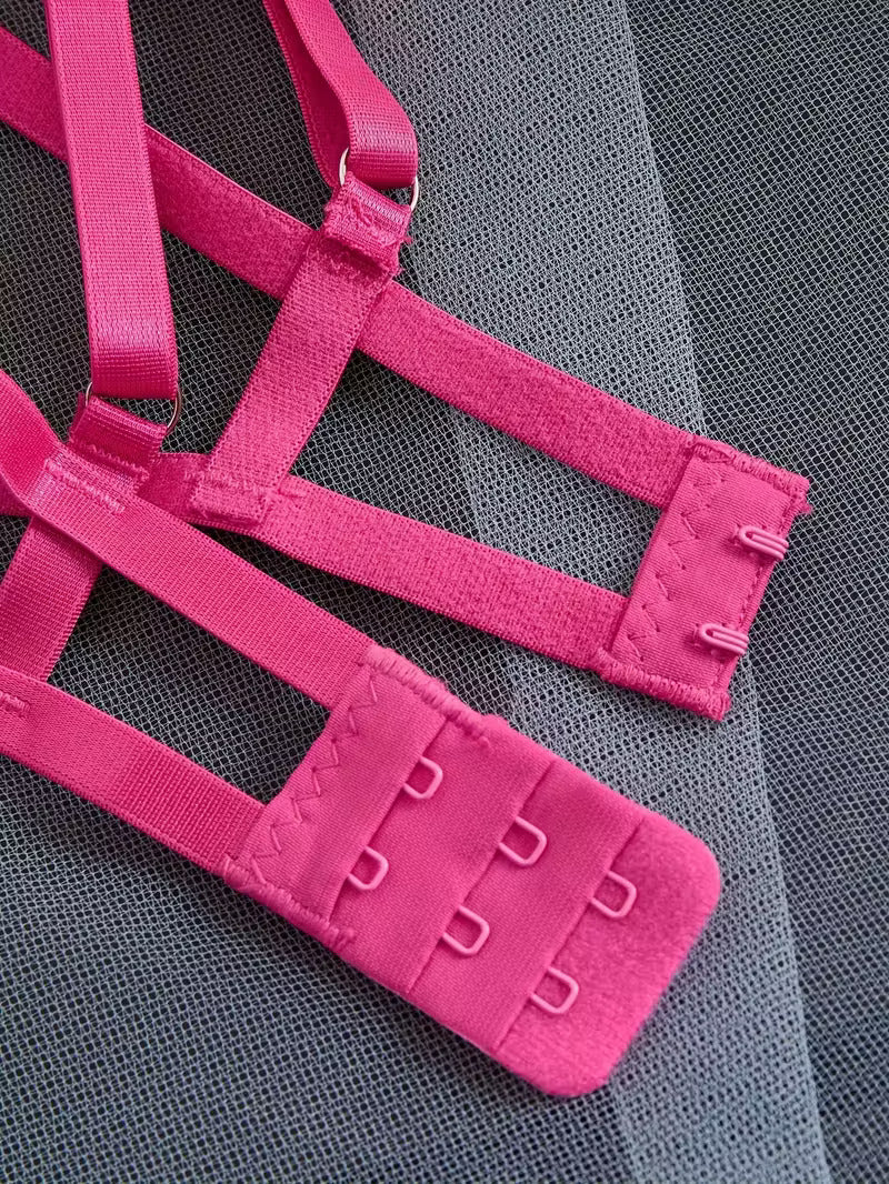 Feines Pinkes Semi Transparentes Spitzen BH Set mit floraler Stickerei